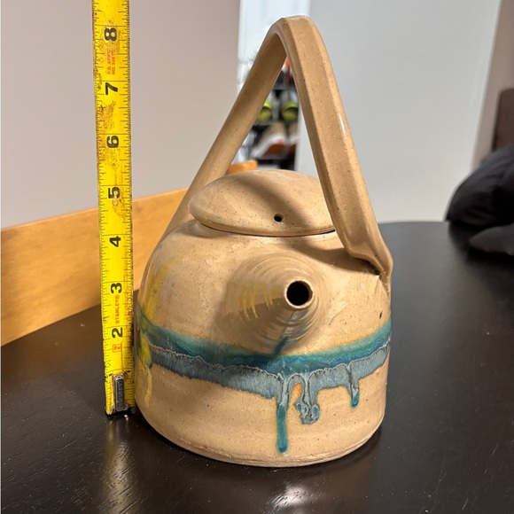 Handmade Vintage Pottery Teapot | Studio Art Ceramic w Twisted Basket Handle - Picture 4 of 6